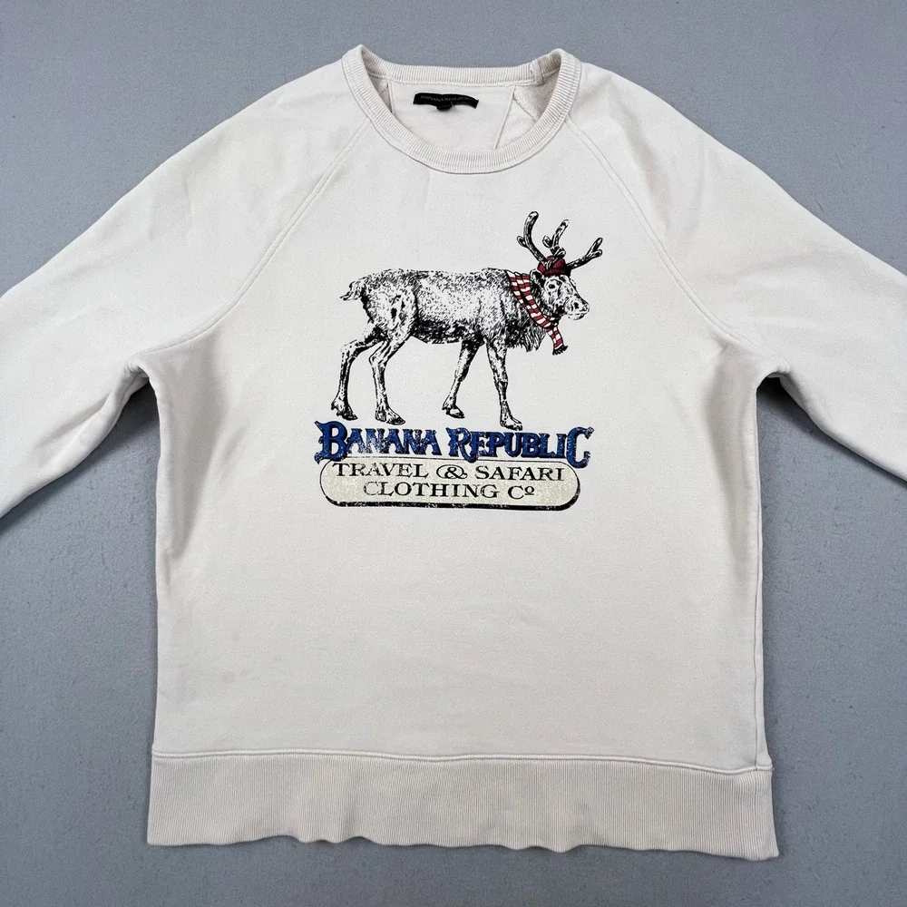 Banana Republic Sweatshirt Mens Large Cream Reindeer Safari Graphic Terry HOL19